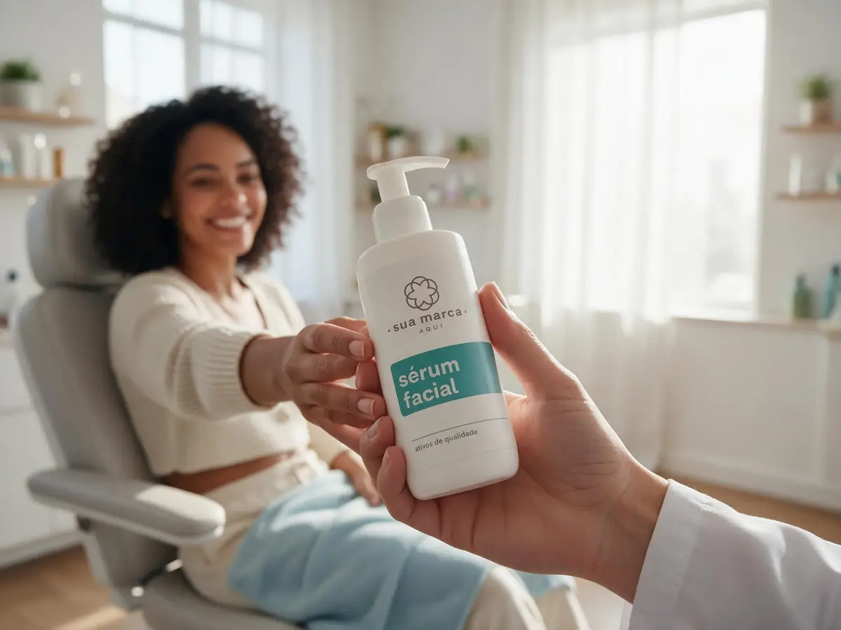 Esteticista entregando um sérum facial com o rótulo “sua marca aqui” a uma cliente na maca