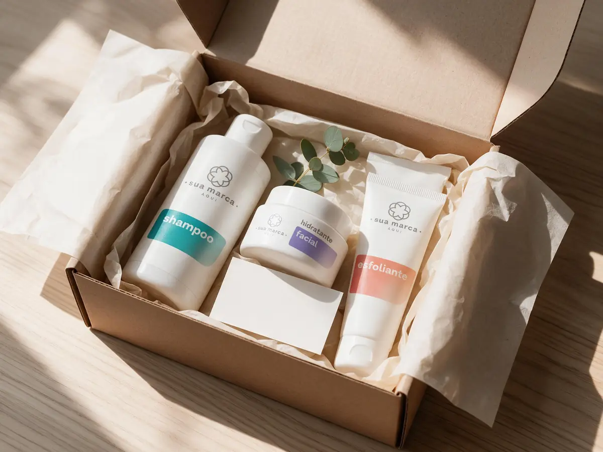 Caixa de envio aberta com shampoo, hidratante e esfoliante rotulados “sua marca aqui”