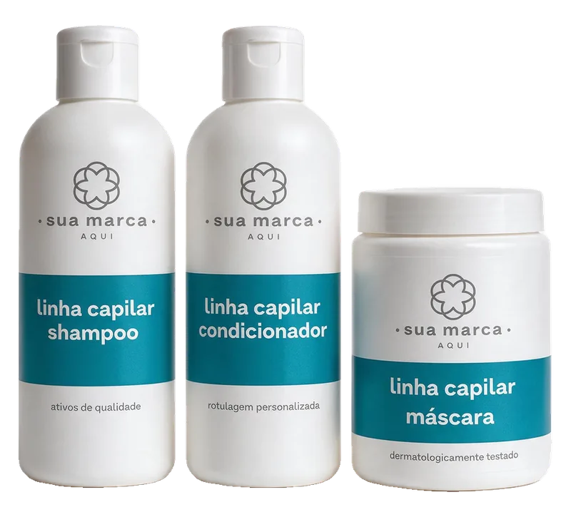 Shampoo, condicionador e máscara capilar com rótulo “sua marca aqui”