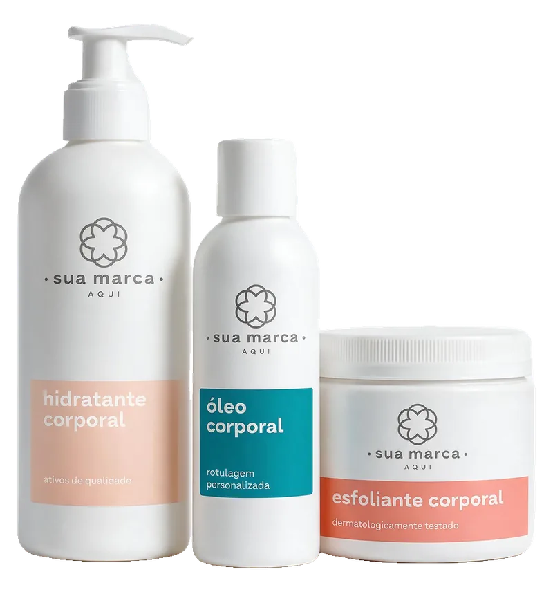 Hidratante, óleo e esfoliante corporal com rótulo “sua marca aqui”