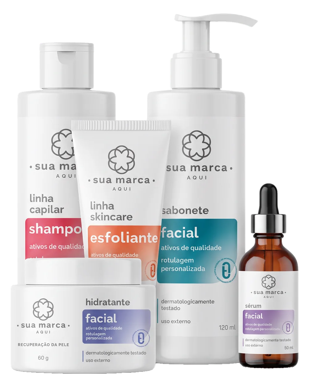 Cinco embalagens de cosméticos brancas com o rótulo genérico “sua marca aqui”: shampoo, esfoliante, sabonete facial, hidratante facial e sérum