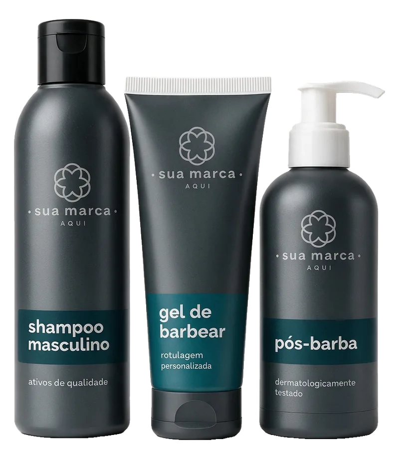 Shampoo masculino, gel de barbear e pós-barba em embalagens escuras com rótulo “sua marca aqui”