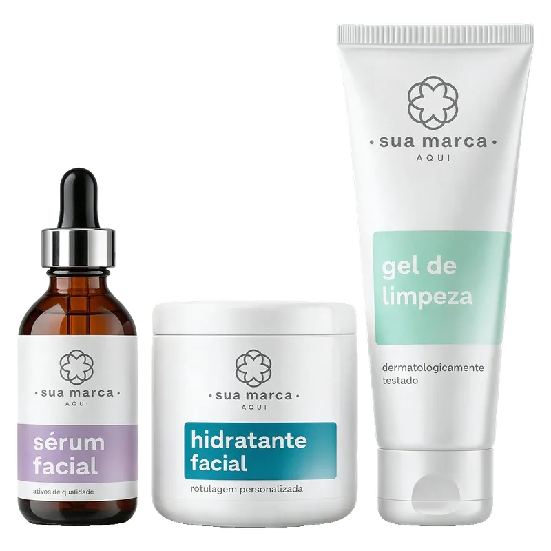 Sérum, hidratante e gel de limpeza facial com rótulo “sua marca aqui”